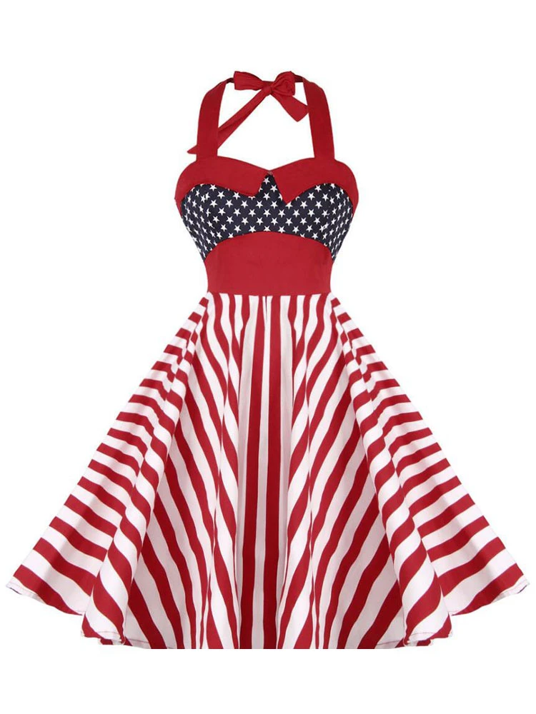 Dinamarca desagradable Selección conjunta Vestido Vintage rojo 1950 s 4 de Julio bandera americana estampado Halter  Pin Up vestido para mujer|Vestidos| - AliExpress