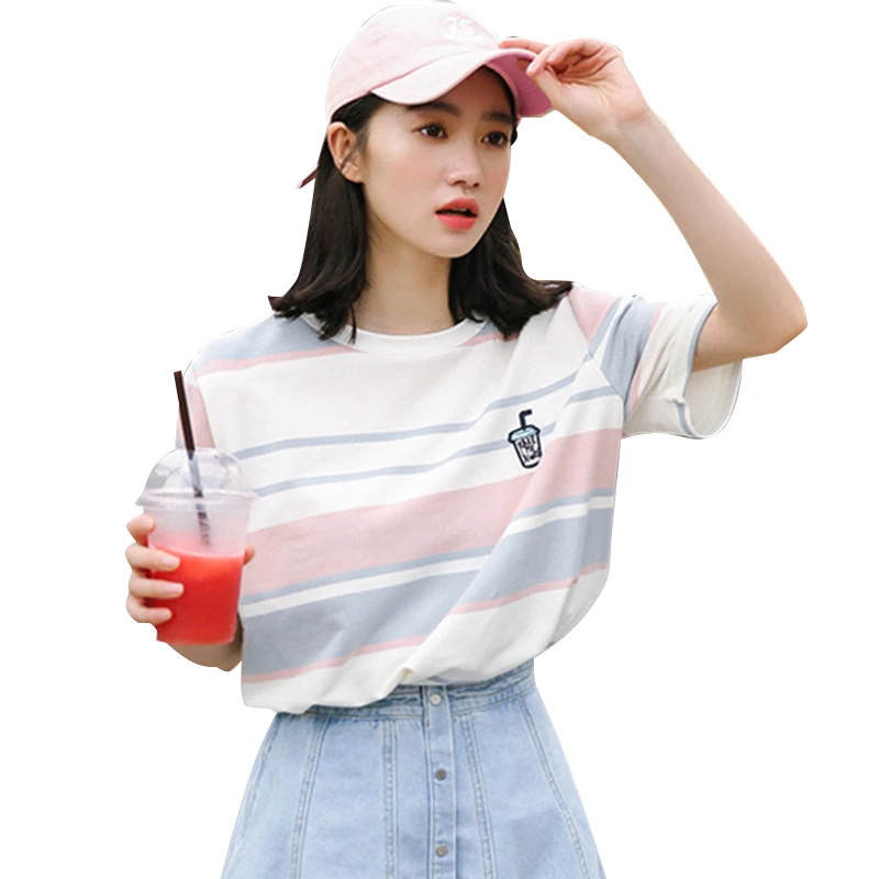 2019 летние полосатые Топы Harajuku Ulzzang футболка для женщин 2018 милые топы школьниц