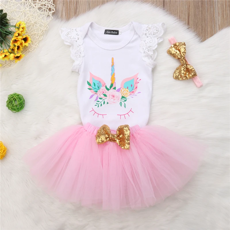 

UK 3PCS Newborn Baby Girl Unicorn Romper Lace Tutu Skirt Outfits Clothes