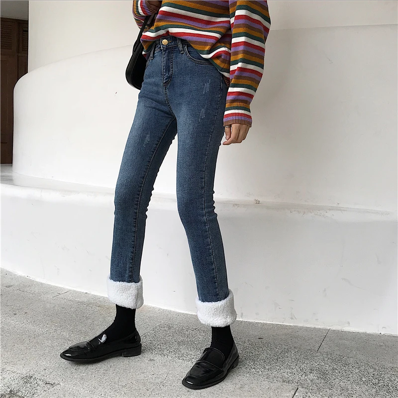 GRUIICEEN зимние обтягивающие джинсы с высокой талией Штаны с овечьей шерсти 2018 Весенняя новинка джинсы женские брюки GY2018440