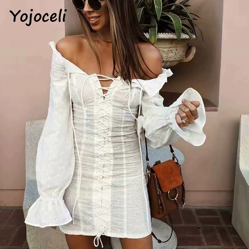 

Yojoceli 2018 sexy off shoulder dress women long sleeve ruffled dress summer party club chic lace embroidery floral mini dress