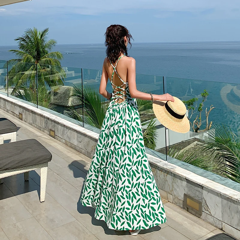 Summer Women Backless Straps Maxi Sundress Female Tropical Long Sea Beach Dress Elegant Vacation Vintage Boho Runway Dress New