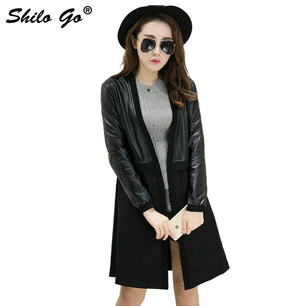 

SHILO GO Leather Trench Womens Spring Fashion sheepskin genuine leather long coat V Neck long sleeve loose concise A Line coat