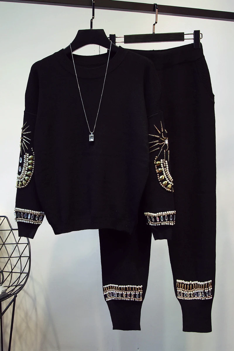 New Runway Beading Knitting Sweater Pant Two Pieces Set High Quality Winter Designer Black Suit |