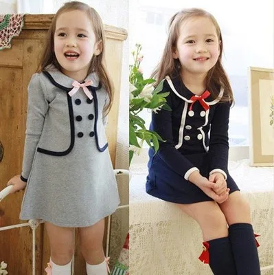 

girls dress 2019 New Arrival Children's Clothes Above Knee Preppy Style Bow A-line Full Solid Regular O-neck Fits True To Size