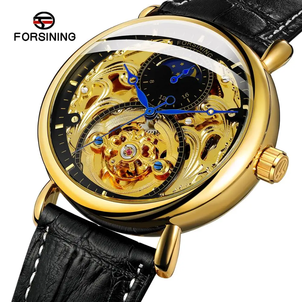 

Forsining Luxury Black Gold Moonphase Design Blue Hands Mens Mechanical Watch Genuine Leather Band Fashion Clock