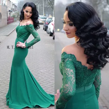 

2019 Long Sleeve Evening Dress Off The Shoulder Boat Neck Mermaid Elastic Satin Long Prom Gown Elegant Wedding Party Dresses