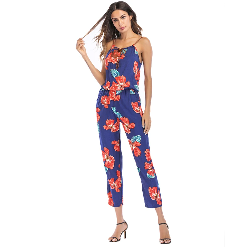 Strap Backless Print Jumpsuit Women Summer Sexy Elastic