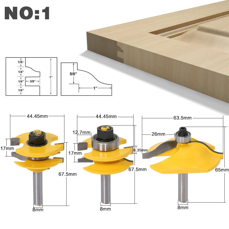 3 шт. 8 мм хвостовик высокое качество поднятая панель двери шкафа маршрутизатор Набор бит-3 Бит Ogee деревообрабатывающий резак деревообрабатывающие фрезы - Длина режущей кромки: NO1