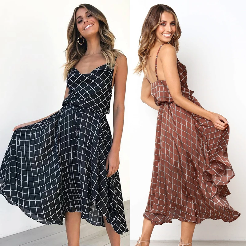 

Women Dress summer 2019 plaid sleeveless elegant beach dress female backless asymmetric slings strap Sexy party vintage sundress