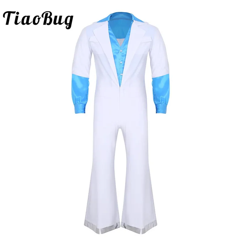 

TiaoBug Men Lapel Collar Long Sleeves Bell Bottom Jumpsuit Male Fancy Dress Party Roleplay Vintage Jazz 70s Disco Dance Costumes