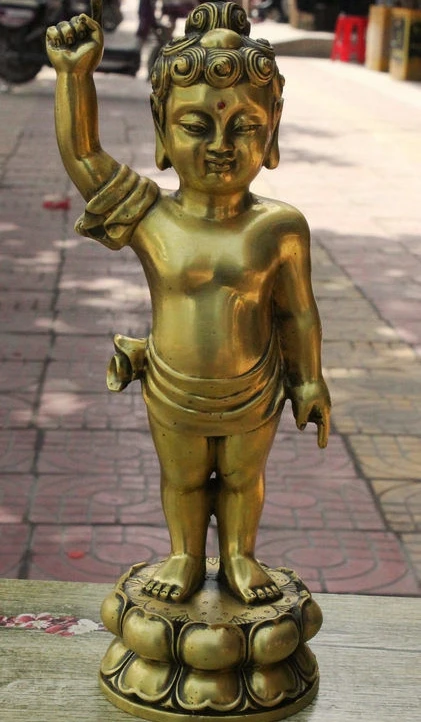 

10" Tibet Buddhism Pure Bronze Shakyamuni Amitabha Pointing to sky Buddha Statue