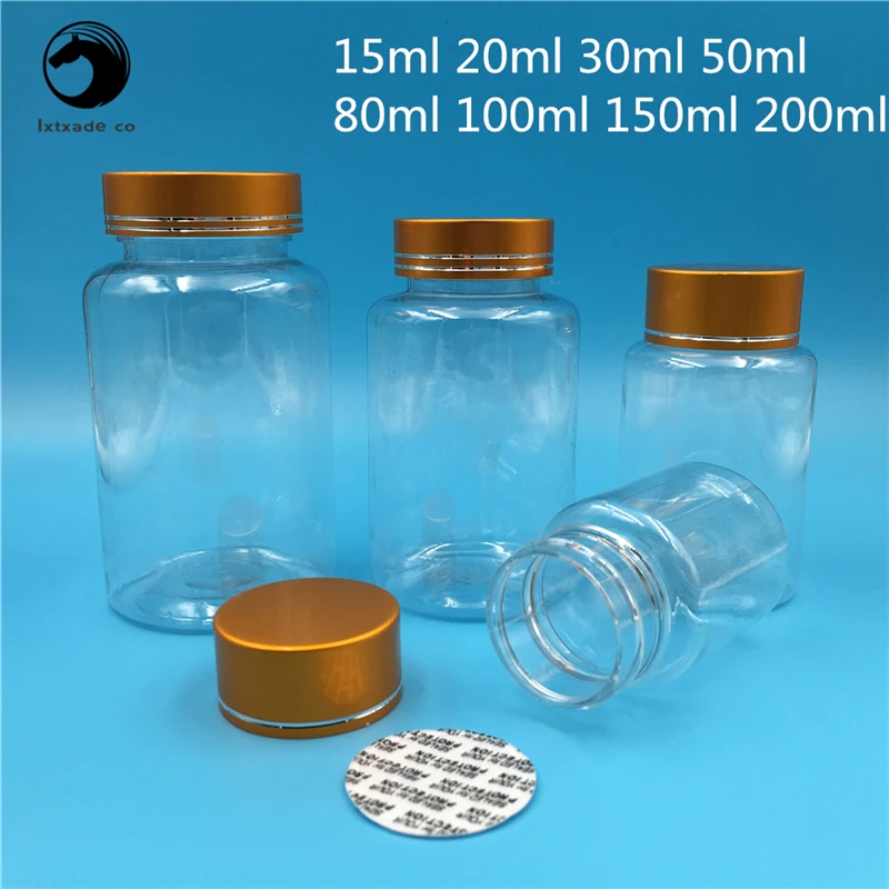 

Free Shipping 30 50 100 200 ml Empty Clear pill Plastic Bottles Gold lid Spices Food Seal Sample Packaging Containers 30 pcs