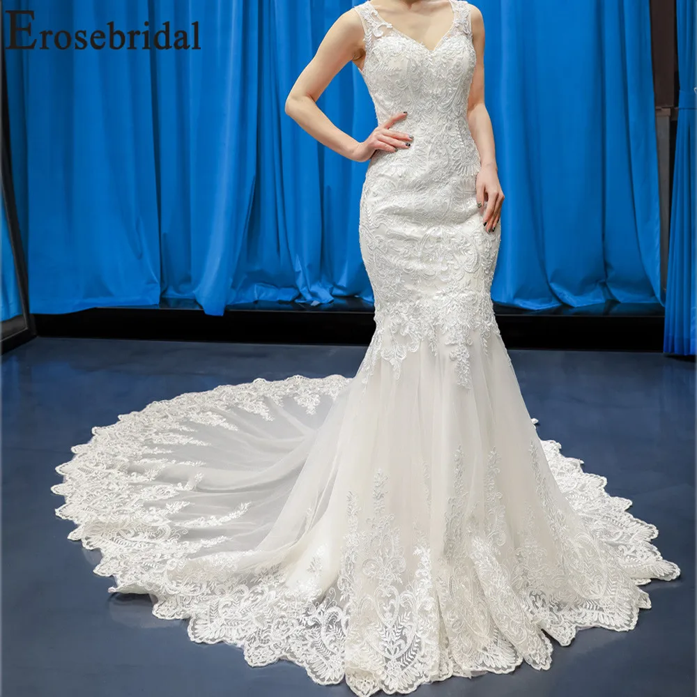 

Erosebridal Lace Mermaid Wedding Dress 2019 Real Image Bridal Gowns with Chapel Train Elegant V Neck and Illusion Zipper Back