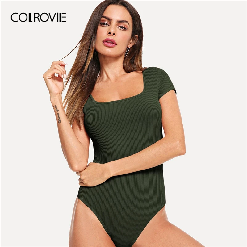 COLROVIE الجيش الأخضر مربع الرقبة نحيل أنيقة متماسكة قميص ارتداءها النساء 2019 الصيف البحرية كاب كم مثير الجسم السيدات داخلية