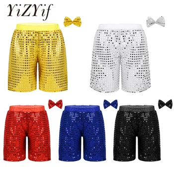 

YiZYiF Boys Girls Jazz hiphop costume Kid dance costume Glittery Sequined Shorts with Bow Choir Jazz Dance Stage costume Kids