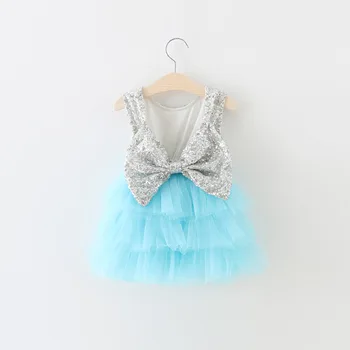 

2018 silver sequin puffy tutu dress blue chiffon big bow flare princess wedding vest dress wholesale