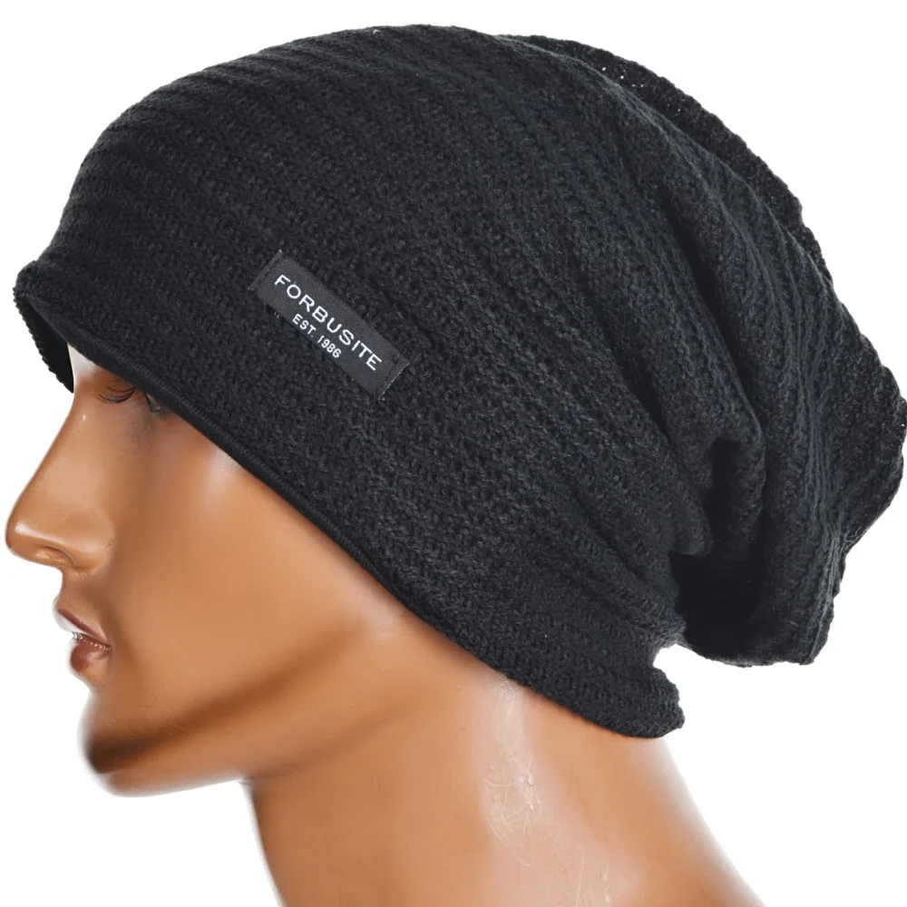 Men Lined Slouch Knitted Beanie Skullcap Large Hat FORBUSITEin Men's