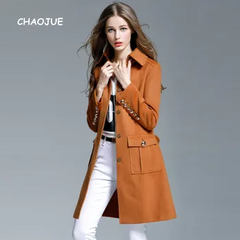 

CHAOJUE Brand Middle Length Fashion Coat Female Slim Covered Button Winter Outwear Womens High Quality Black Woolen Coats