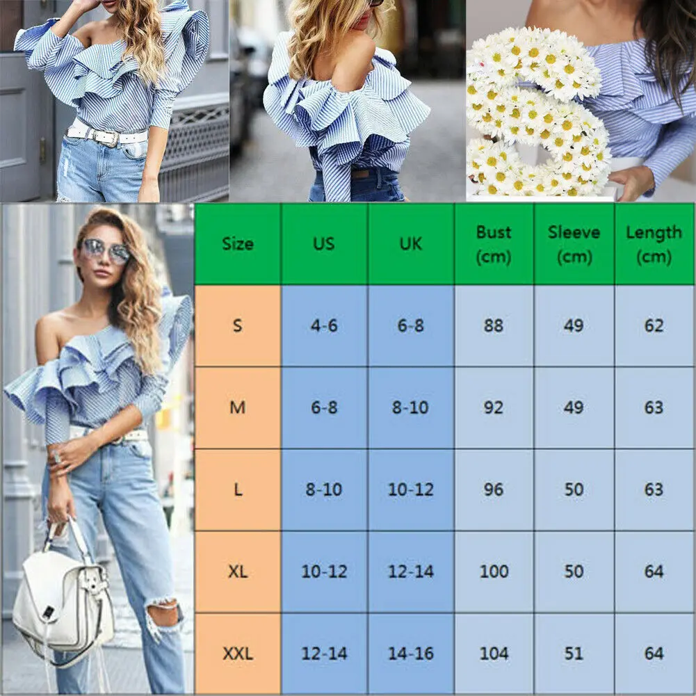 Women's Blouse Striped Plaid One Shoulder Ruffle OL Long Sleeve Summer Shirts Loose Casual Tops