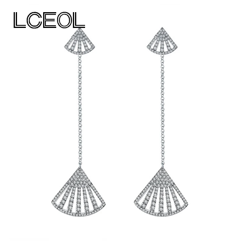 

LCEOL Popular Design 2 Ways to Wear Fan Earring White Gold Color CZ Diamante Pave Setting Long Chain Drop Earrings for Women