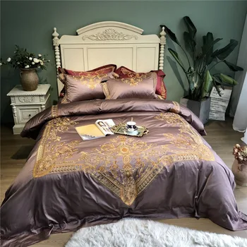 

Premium Luxury 120S Egyptian cotton Embroidered Bedding set Queen King Golden Brown Duvet cover Bed sheet set Pillowcase 4/6pcs