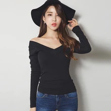 Vetement Femme, футболки, хлопок, Женская Корейская одежда, Сексуальная футболка с глубоким v-образным вырезом, длинный рукав, Повседневная футболка, женские топы