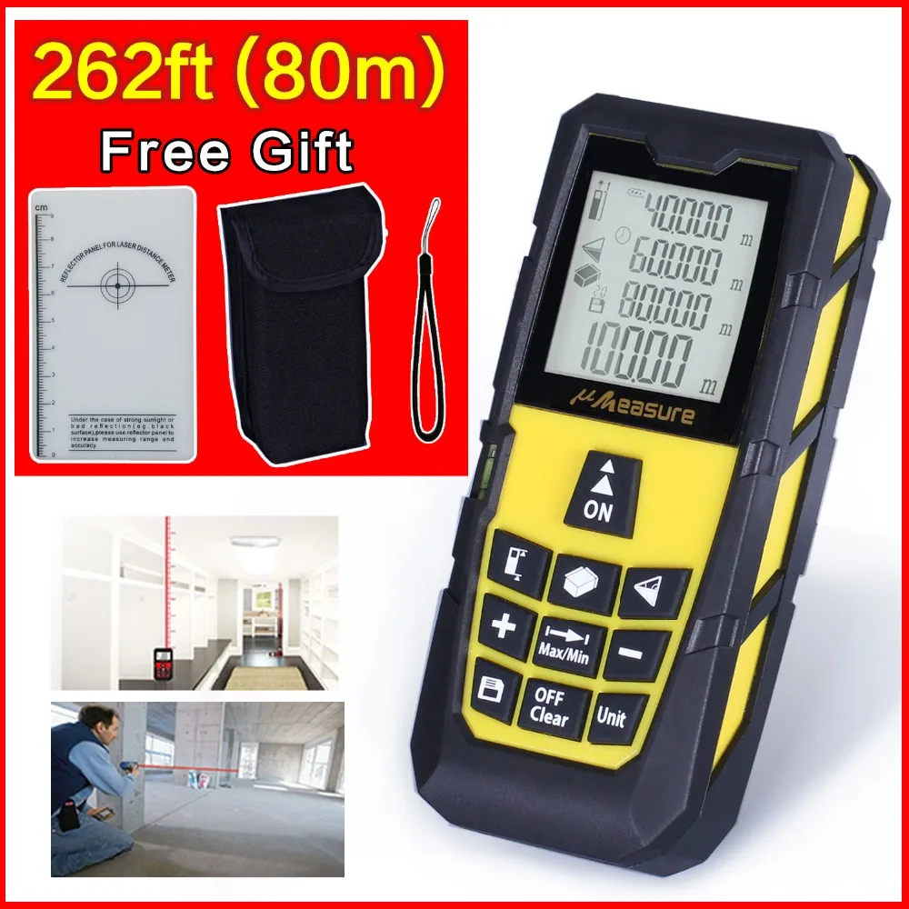 

Yellow 245ft (80m) Laser Distance Meter Level Rangefinder Range Finder Tape Measure Area/Volume Laser Tape Measure