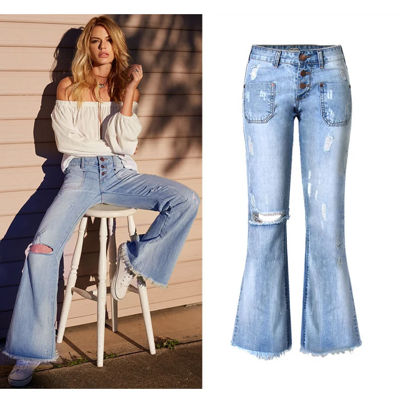 Широкие брюки Distressed Flared Jeans Для женщин Rasgado Para как Mulheres деним Костюмы 2018 Винтаж