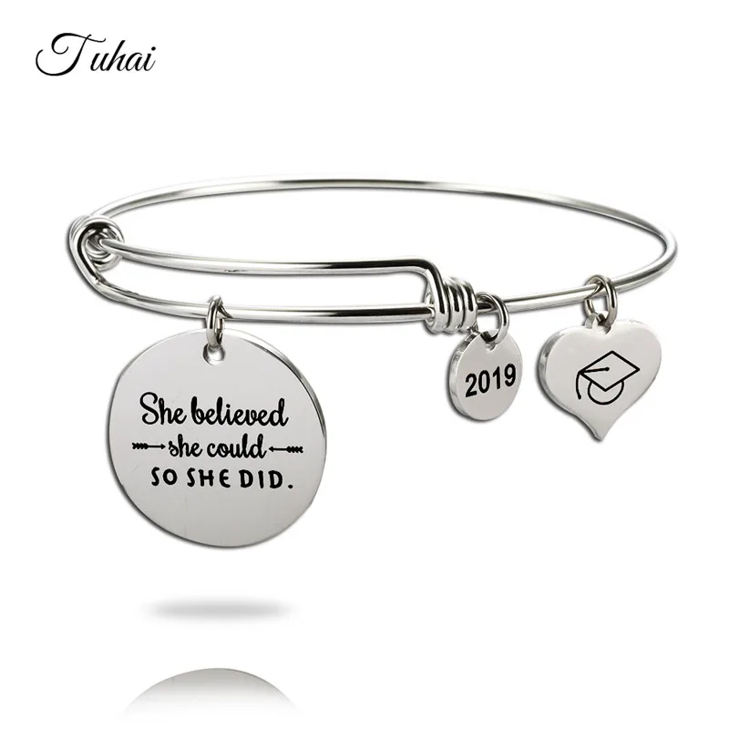 

Stainless Steel Expandable Bracelets Engraved She Believed 2019 Plates Charms Bangle Adjustable Wrap Cuff Bangles Women
