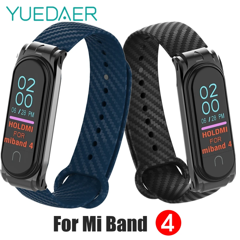 YUEDAER высокое качество Mi Band 4 ремешок из мягкого кремния и углеродного волокна для Xiaomi Mi Band 4 ремешок металлический корпус браслет Miband4 черный синий