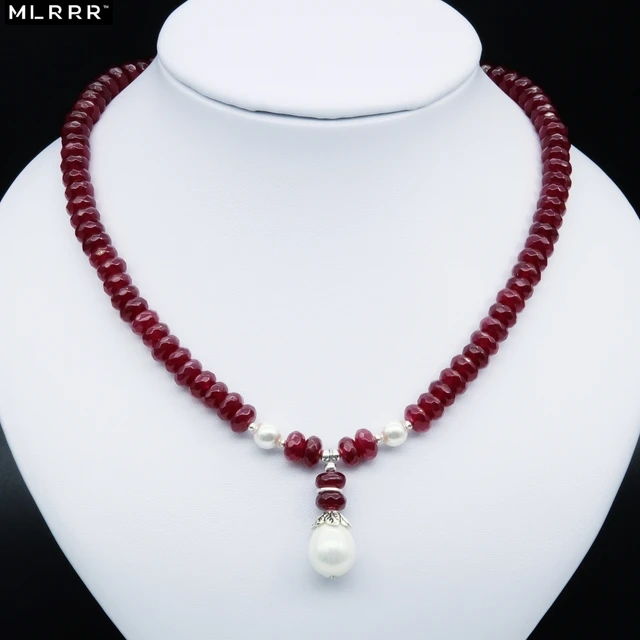 Natural Stone Jewelry Elegant Noble Deep Red Rubies Beaded Necklace with Shell Pearl Pendant