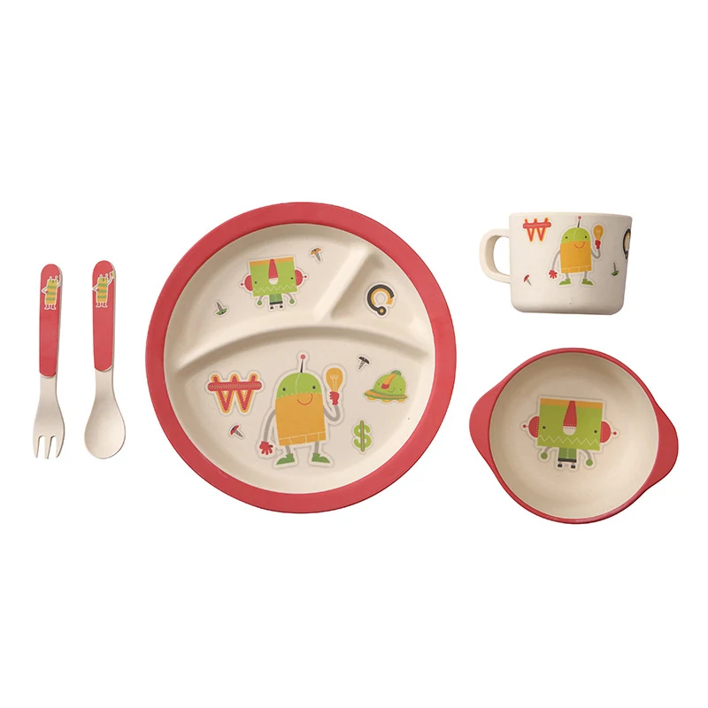 5 PcsSet Baby Bamboo Fiber Dinnerware Eco-friendly Children Feeding Food Plate With Cup Spoon Fork Food Storage Plate BB5120 (6)