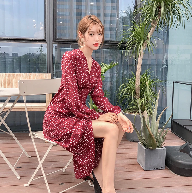 retro dress hot women slim waist A Line Elegant Temperament Lady Korean style vintage dot v neck vintage shirt dress high waist