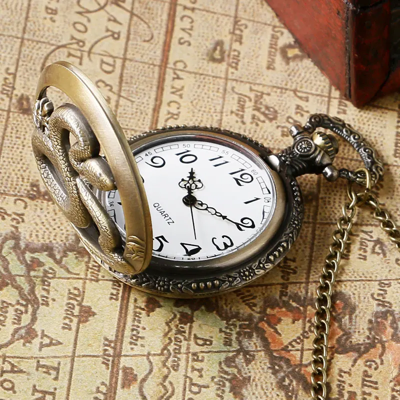 Montre de poche Vintage en Bronze, pendentif creux serpent du zodiaque chinois, Quartz, collier rรฉtro, horloge, cadeau pour enfants