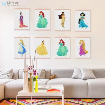 

Watercolor Princess Fairy Snow Wood Framed Poster White Nordic Baby Girl Room Decor ScrollWall Art Pictures Canvas Painting