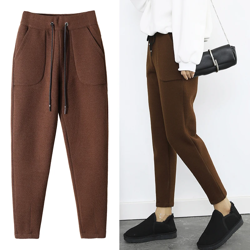 Koop Nieuwe Herfst Winter Broek Warm Vrouwen Enkellange Wollen Broek Dikke Hoge Taille Broek Losse Werk Dame Kantoor Slijtage Harem broek