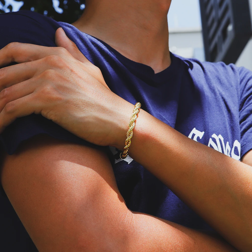 Pulseira de Hip Inoxidável para Homens e Mulheres Hop dos Ganhos do Aço Corda Pulseira Cadeia Rapper Ouro Trançado 6mm 7 Joias e Acessórios