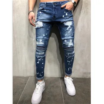 

2 Styles Men Stretchy Ripped Skinny Stylish Ripped Jeans Pants Stretch Slim Straight Hip Hop Frayed Casual Denim 2019 New