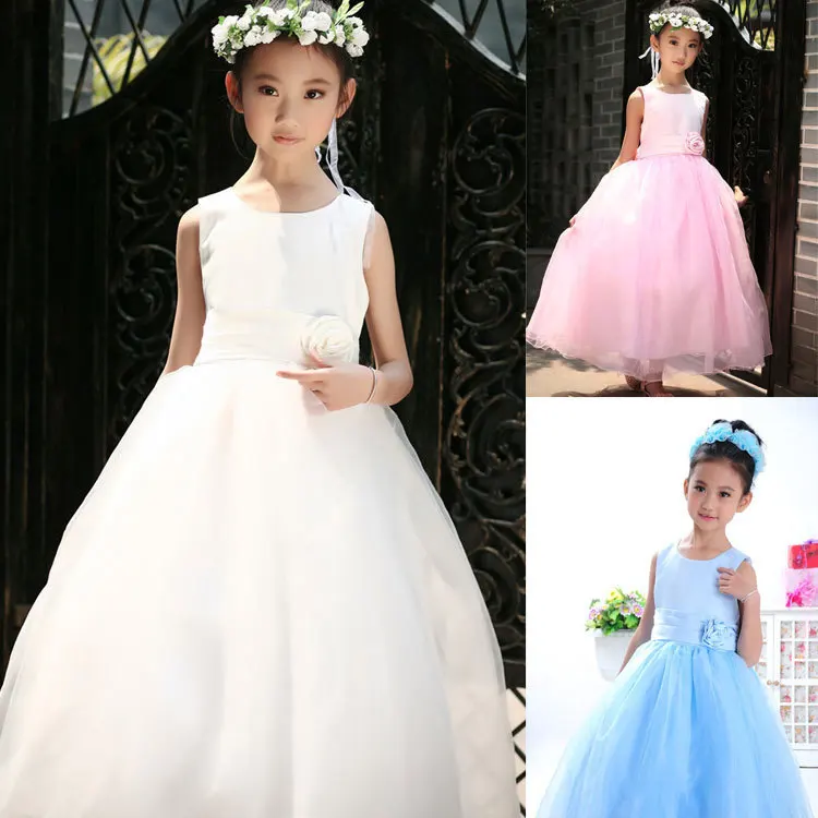 New 2016 Elegant Baby Girls Party Dress Sleeveless White Pink Flower Dresses Bow Princess Kid