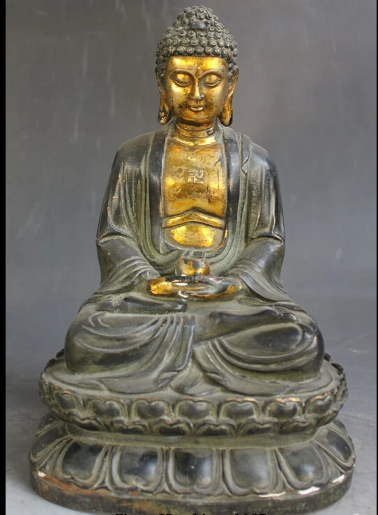 

9"Old Tibet Tibetan Buddhism Bronze Gilt Sakyamuni Amitabha Buddha & Bowl Statue