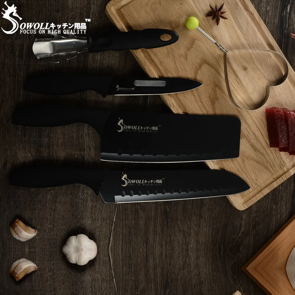 SOWOLL нож из нержавеющей стали " Универсальный 7" Santoku " Кливер разделочный нож 3 шт кухонный нож+ зажим для посуды+ форма для омлета