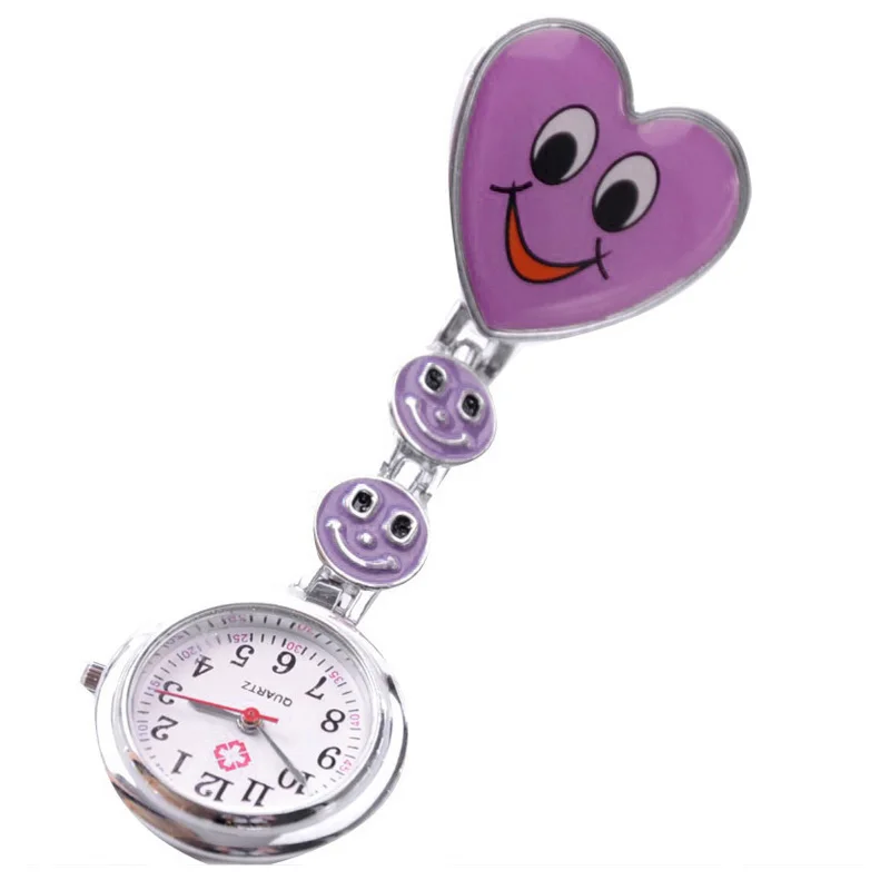 

Purple Heart Quartz Movement Clip Nurse Brooch Fob Tunic Watch Smiley Face