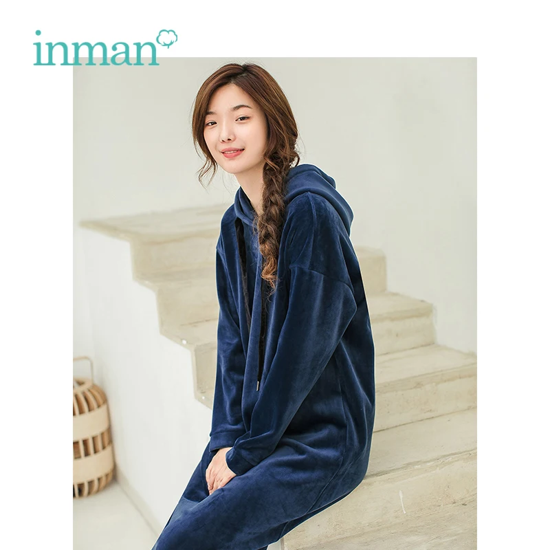 

INMAN Spring Autumn New Arrival Hoody Drawstring Loose Casual Style Long Sleeve Solid Color Women Knee Length Dress