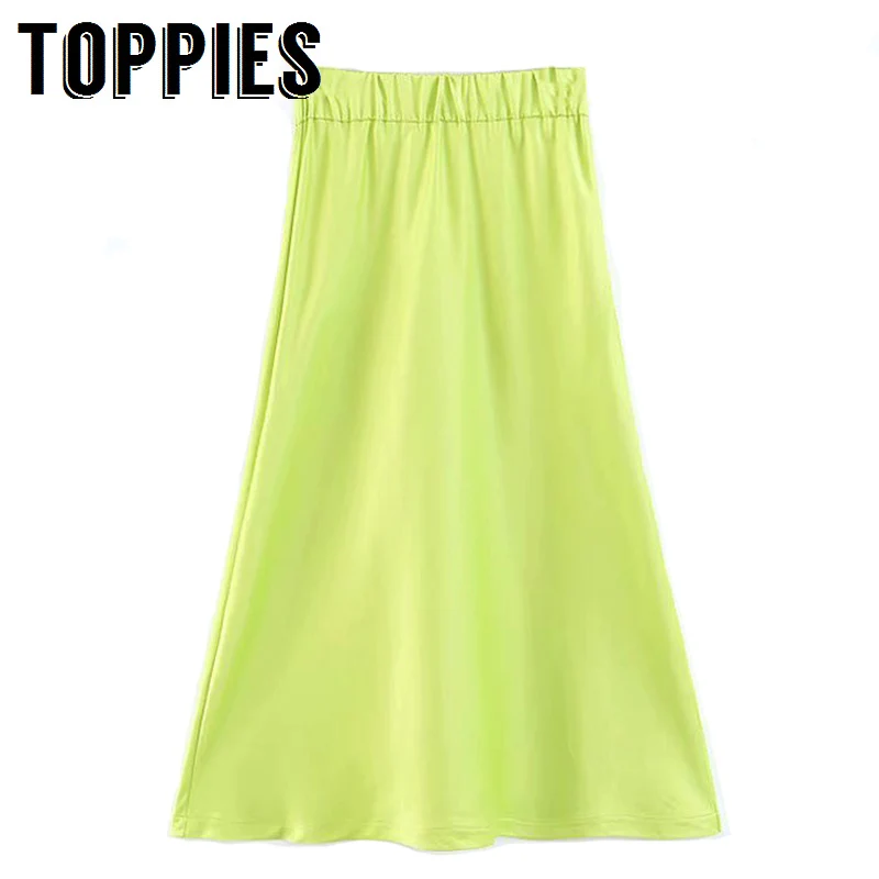 

2019 Spring Green Midi Skirt Womens High Waist Long Skirt Lady Elegant Streetwear Overskirt Solid Color