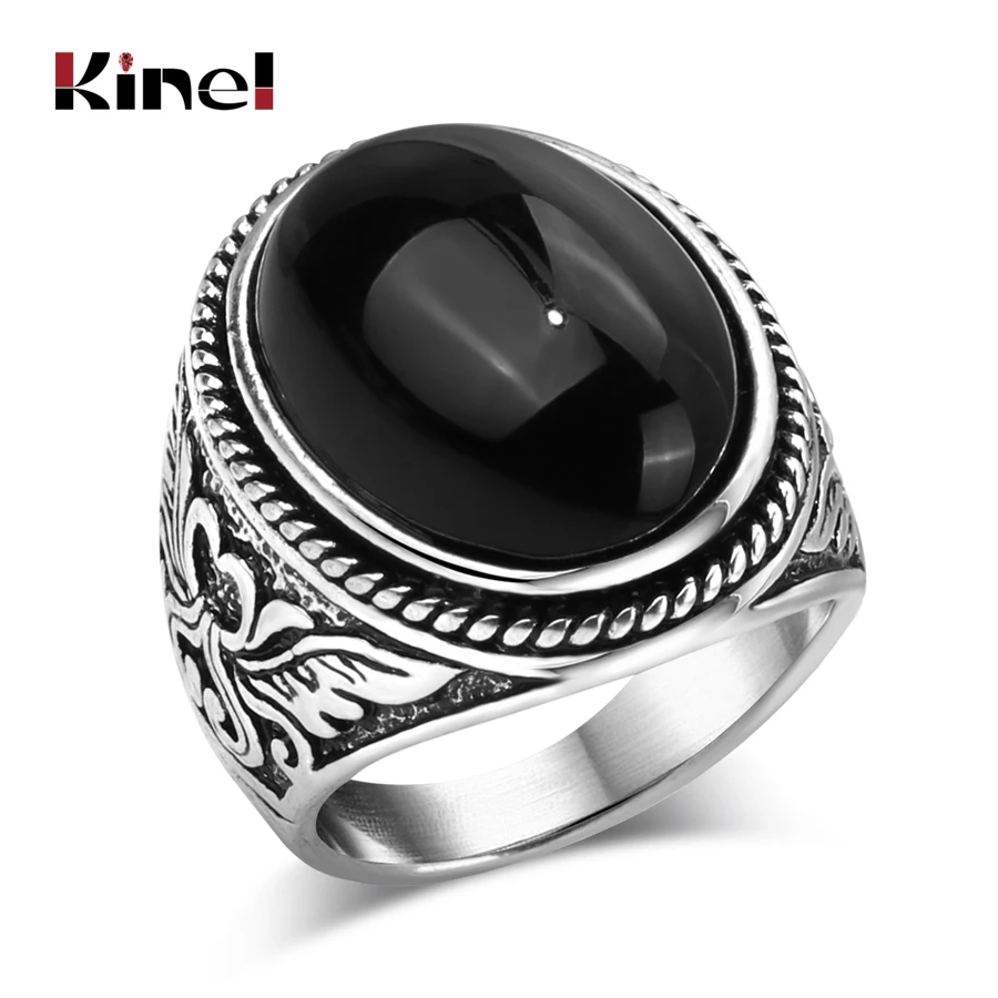 

Kinel Fashion Flower Band Oval Natural Stone Rings For Women Vintage Look Antique Silver Color Men Jewelry Party Gifts