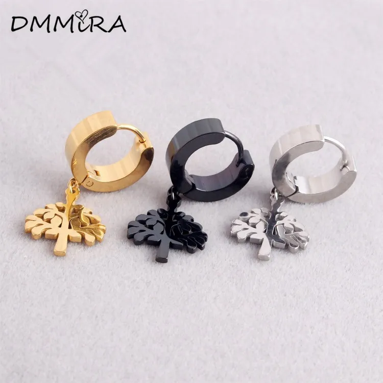 

Fashion Round Tree Hoop Earrings Silver Black Stainless Steel Women Life Tree Charms Small Hoop Huggie Earrings Jewelry