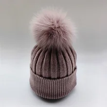 Детские шерстяные Брендовые повседневные вязаные шапки с помпонами из лисьего меха, шапки Skullies, Лыжные шапки, теплые шапки для родителей и ребенка