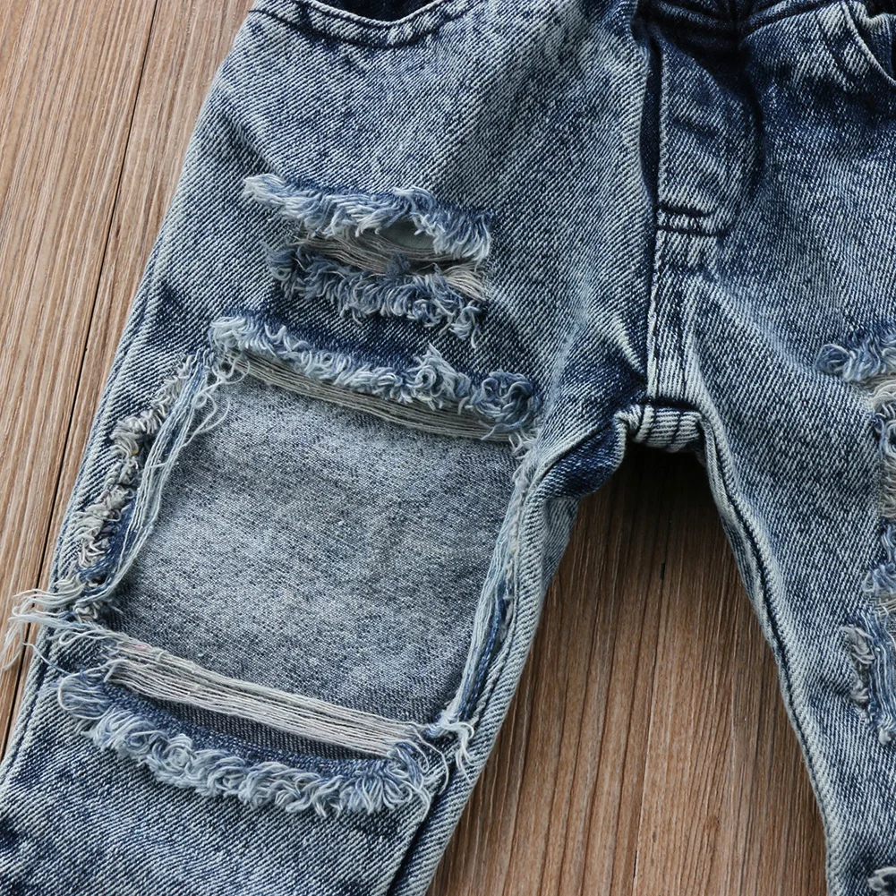 Дети мода девушки Patch Denim отверстие стиль Горячая Распродажа эластичный пояс синий Однотонные джинсы От 6 месяцев до 5 лет