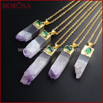 

BOROSA Gold Color Natural Purple Crystal Crystal Point Bar&Cats Eye Beads Pendant Necklace WX010-N